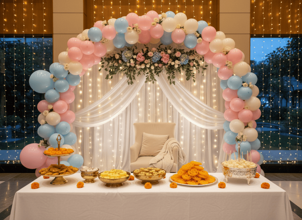Baby shower decoration with pink and blue balloons and a dessert counter with rasmalai, jalebi and kulfi at Arihant Amber clubhouse by Mithila Events