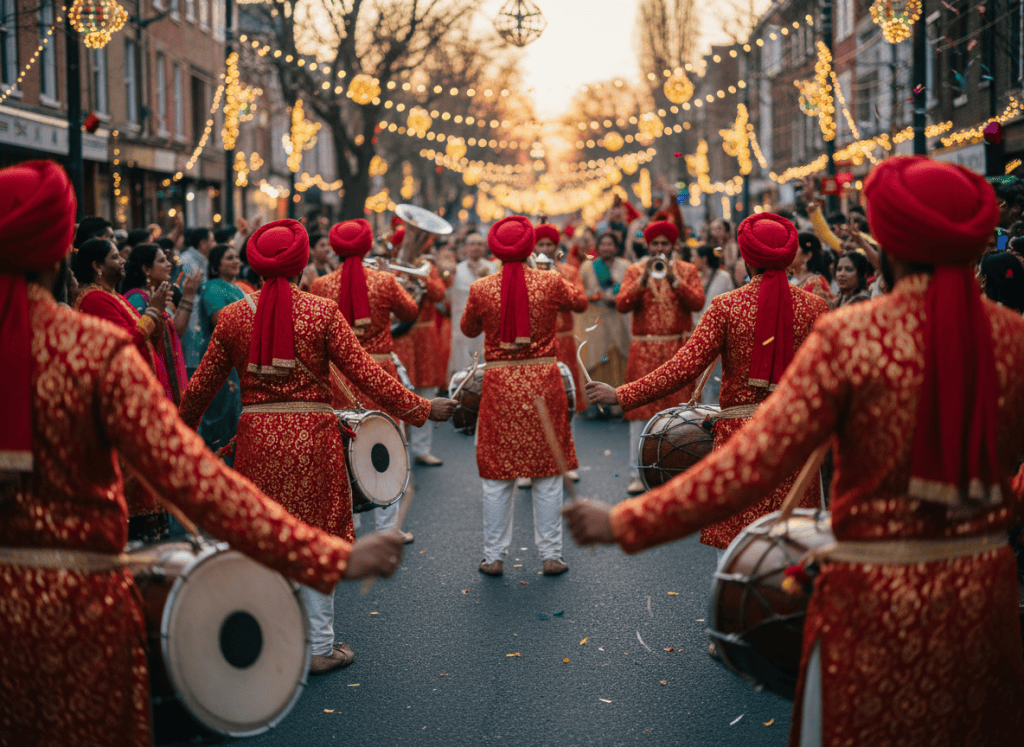 Dhol players and brass band at a baraat procession in Noida