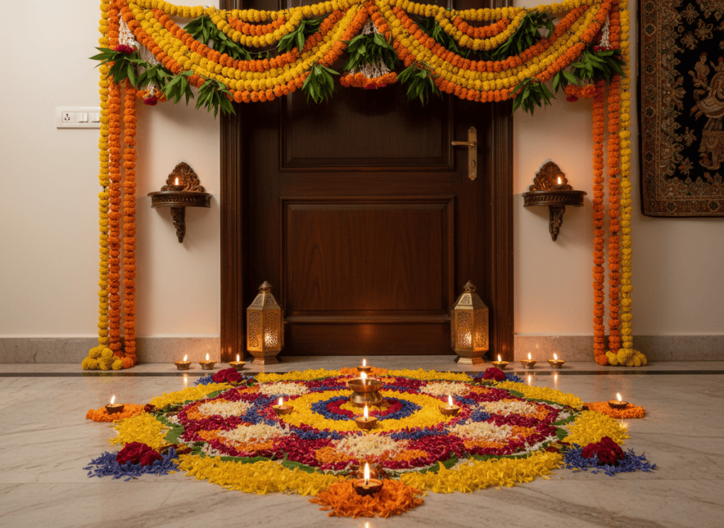 Diwali home entrance decoration with marigold toran and diyas for a house party in Noida