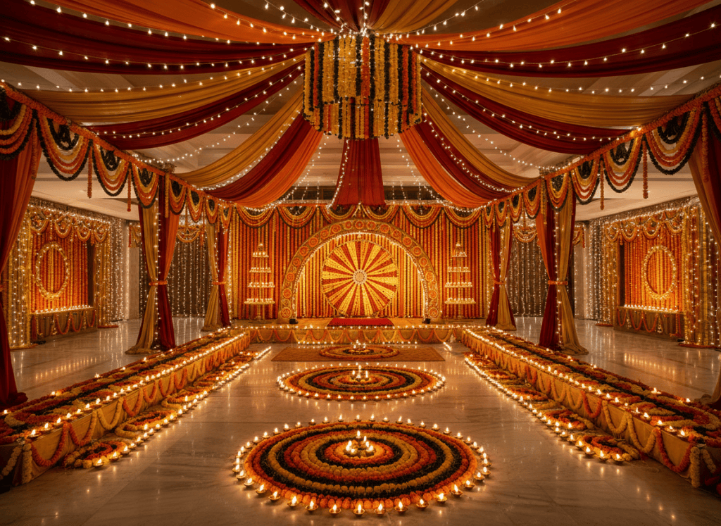 Diwali party decoration with marigold garlands and diyas in a Noida society clubhouse by Mithila Events
