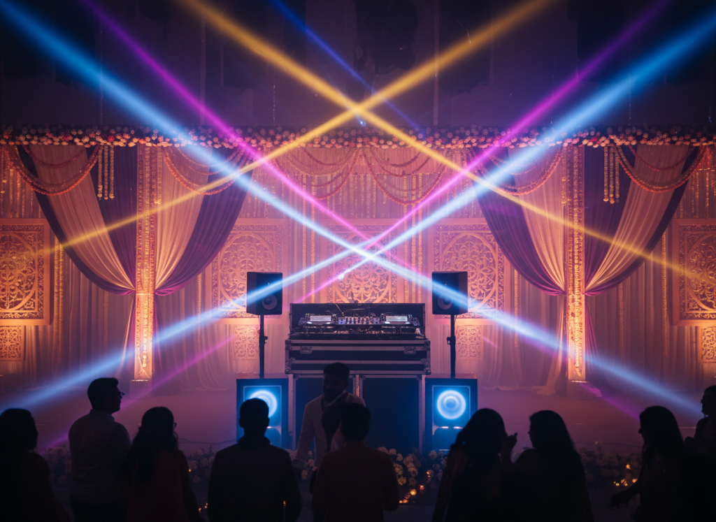 DJ setup with stage lighting at an evening event in Noida