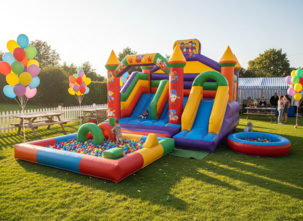 Inflatable bouncy castle and kids play zone at a birthday party in Noida