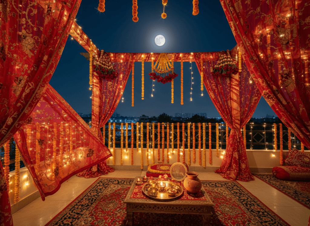 Karwa Chauth terrace decoration with puja thali and moon view in Noida by Mithila Events