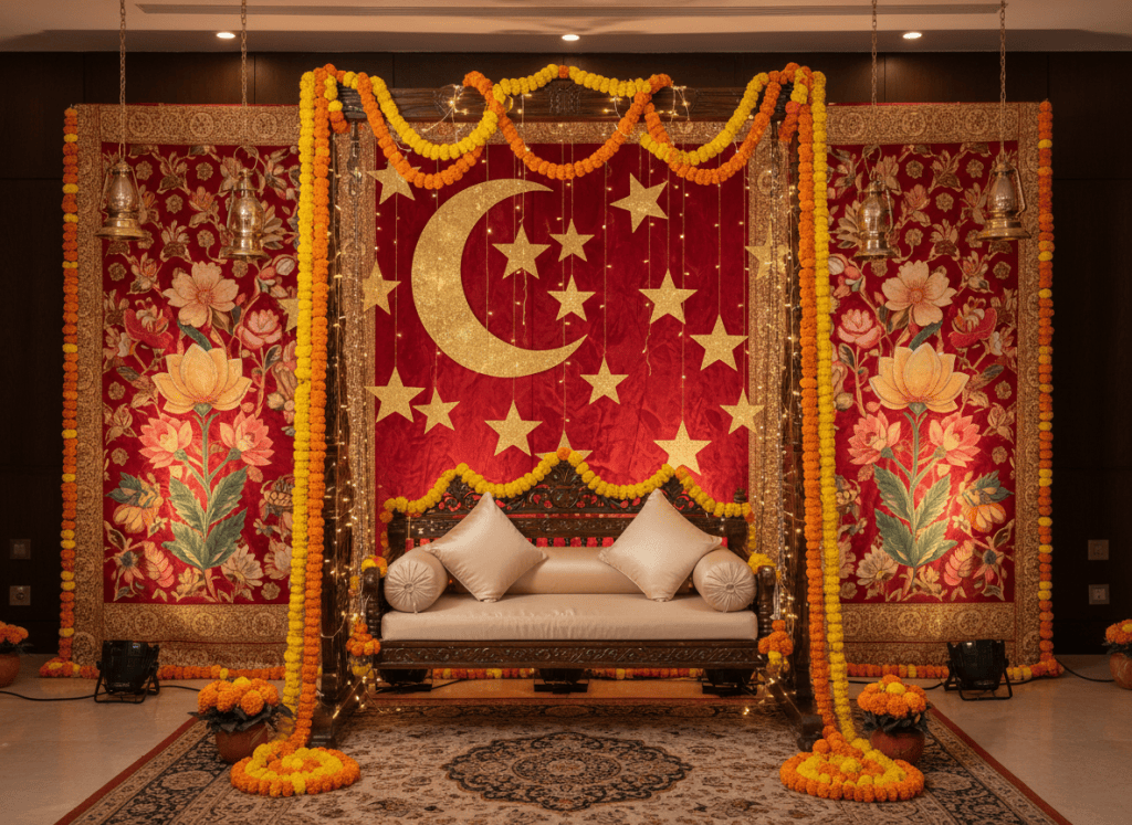 Karwa Chauth moon themed photo backdrop with floral swing for a society celebration in Noida