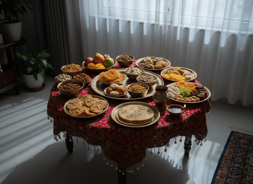 Karwa Chauth sargi breakfast spread with fruits, pheni and sweets for a family in Noida