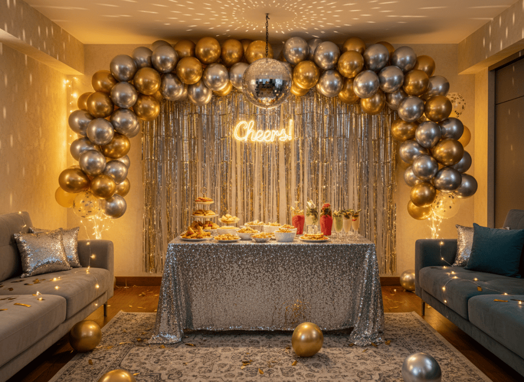 New Year house party decoration with gold balloons and fringe backdrop in a Noida apartment