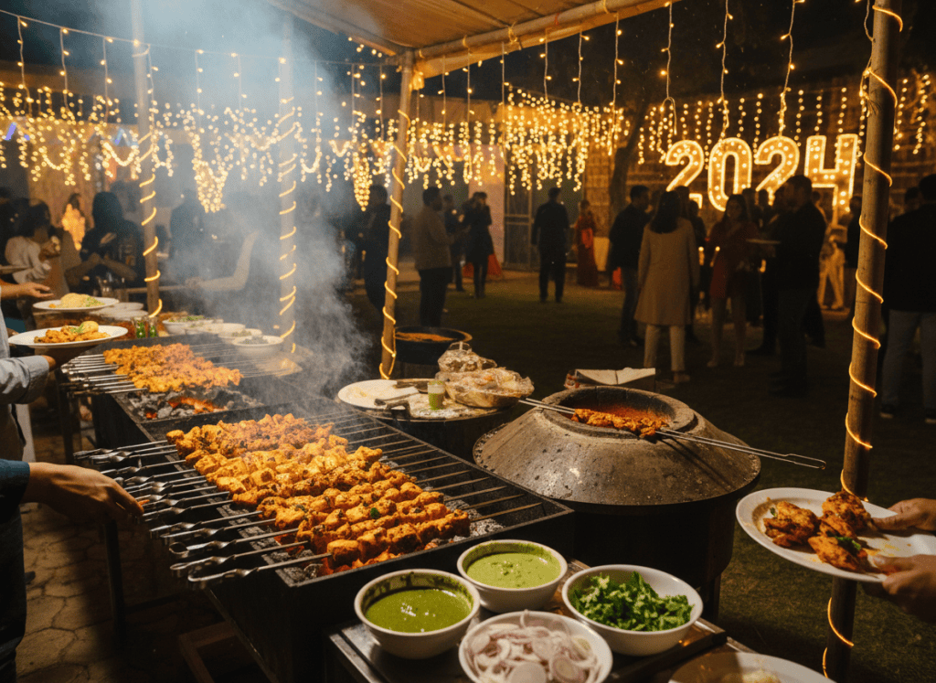 Live tandoor and barbecue counter at a New Year's Eve party in Noida catered by Mithila Events