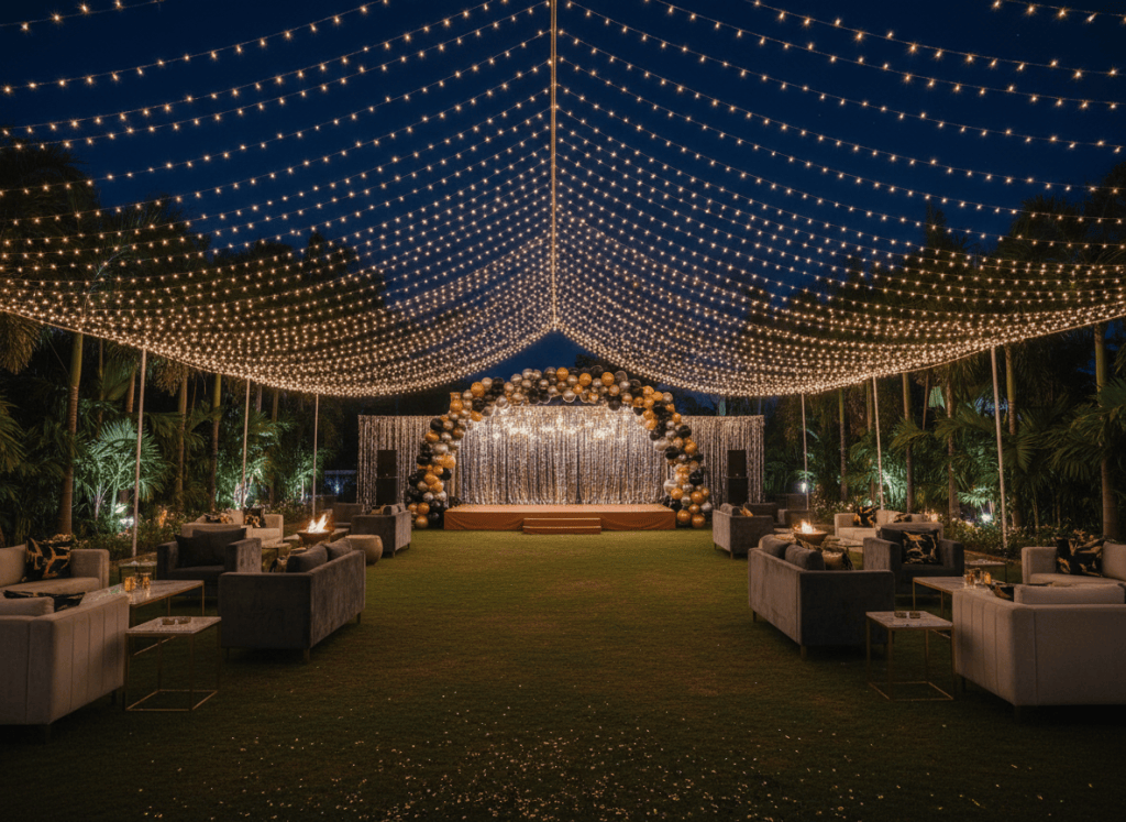 New Year party decoration with gold and black balloon arch on a farmhouse lawn in Noida by Mithila Events