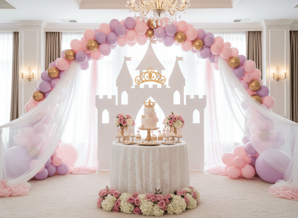 Princess theme birthday decoration with pink balloon arch and castle backdrop